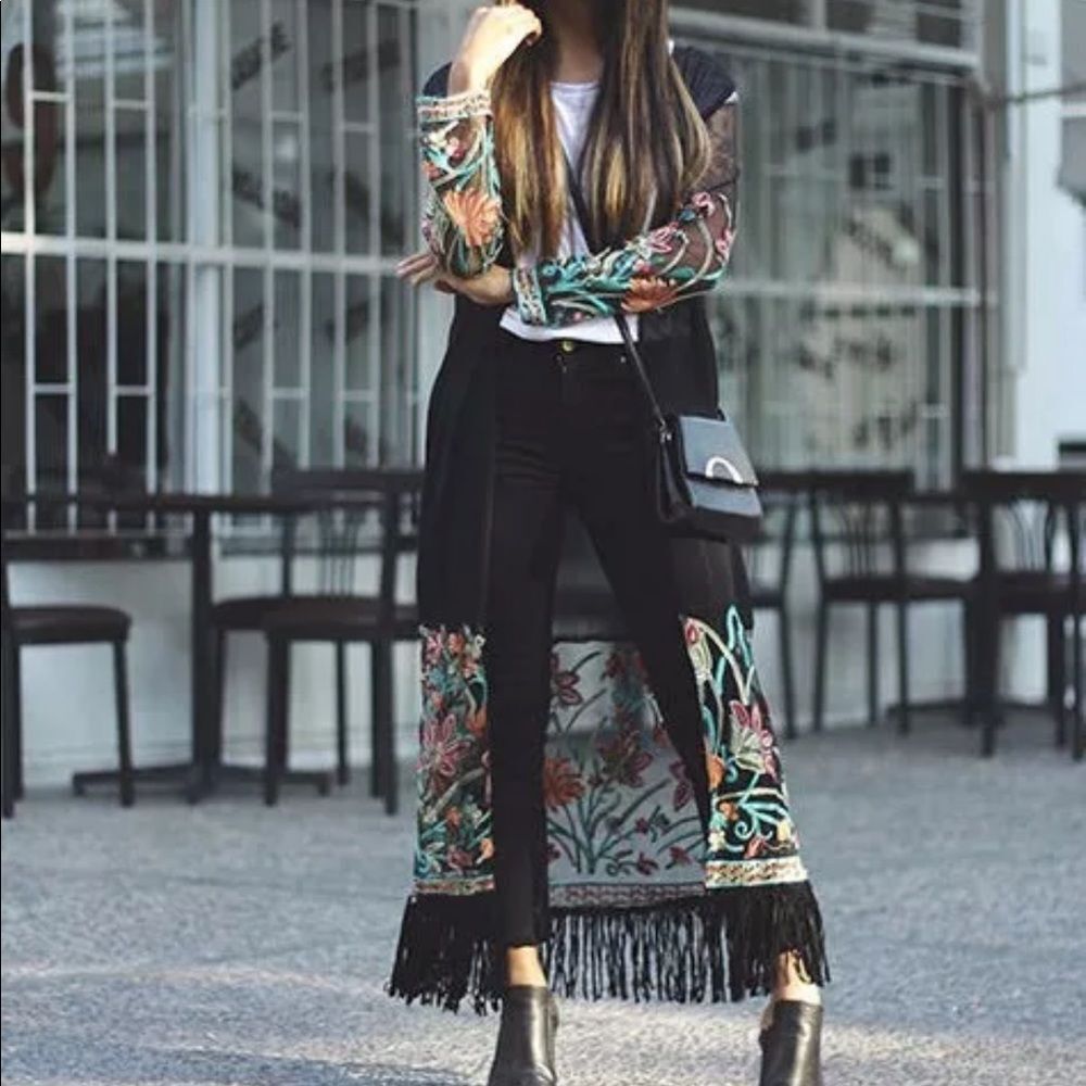 Embroidered Fringe Maxi Cardigan